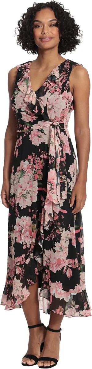 London Times Women's Sleeveless Ruffle Detail Faux Wrap Tie Midi Dress