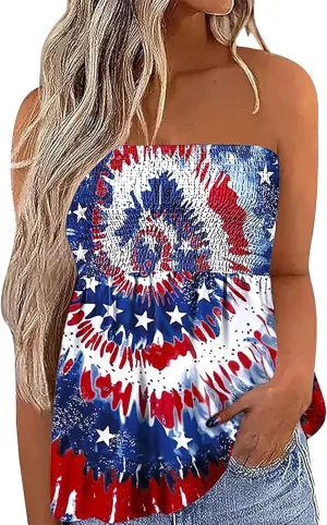 LOTUCY American Flag Strapless Bandeau Tank Women 4th of July Sleeveless Ruffled Tube Patriotic Strapless Smocked Tube Tops