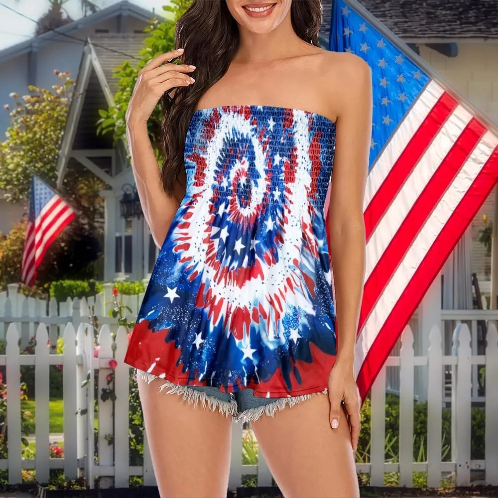 LOTUCY American Flag Strapless Bandeau Tank Women 4th of July Sleeveless Ruffled Tube Patriotic Strapless Smocked Tube Tops