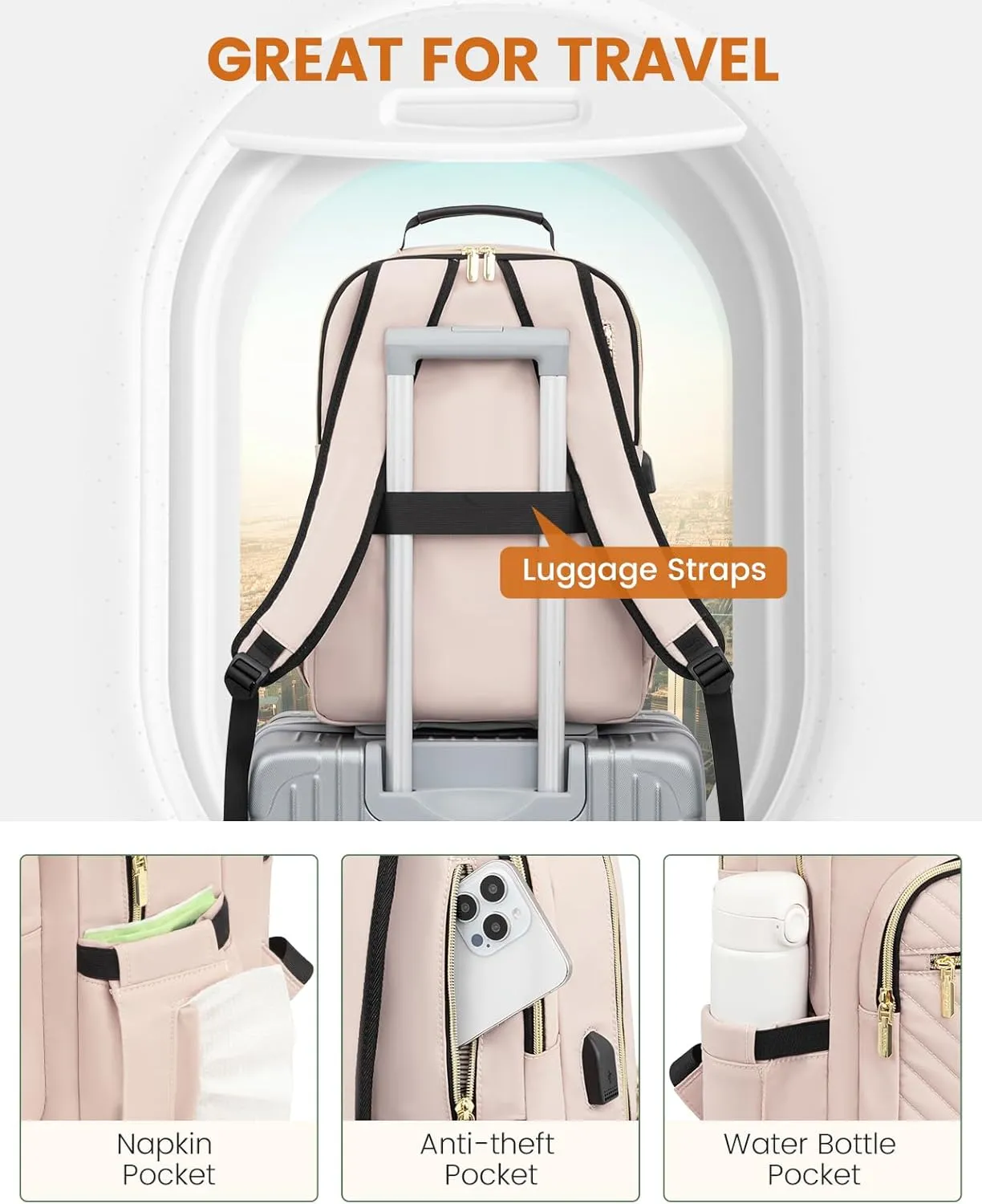 LOVEVOOK Laptop Backpack for Women, Travel Computer Work Bags with 17-inch Laptop Compartment, College School Student Bag Teen Backpacks For Girls, Outdoor Carry On Backpack Purse, Antiquewhite