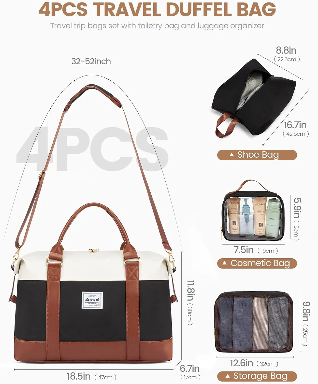 LOVEVOOK Travel Duffle Bag Women,Weekender Bag with Clear Toiletry Bag, Carry on Overnight Bag with Shoe Bag,Hospital Bags for Labor Delivery with Packing Cube