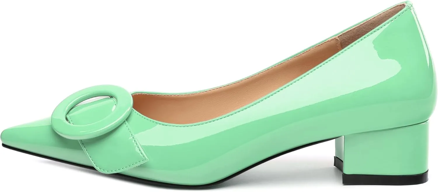 Low Chunky Kitten Heels for Women Closed Pointed Toe Slip on Patent Pumps Office Comfort Wedding Evening Dress Shoes 1.4 Inch
