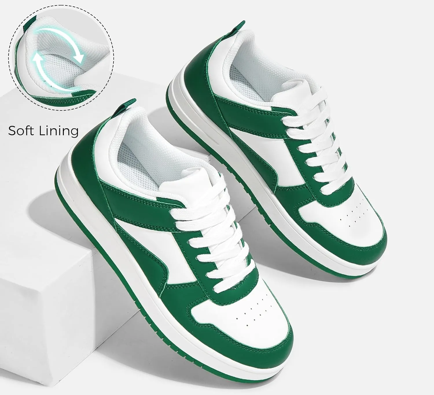 LUCKY STEP Women Fashion Sparkle Rhinestone Sneakers White Leather Low Top Tennis Shoes Lace Up Casual Comfortable Walking Shoe