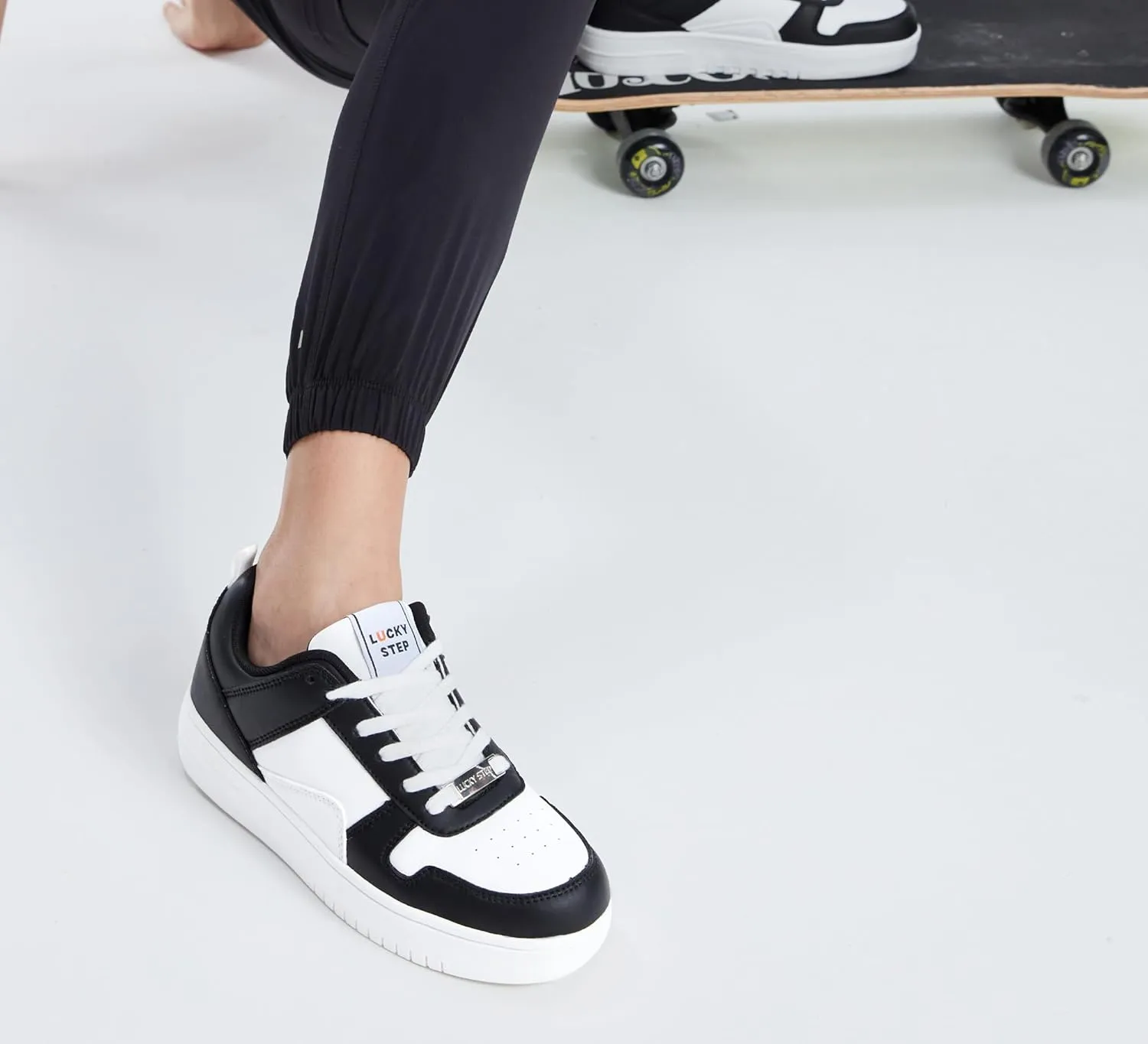 LUCKY STEP Women Fashion Sparkle Rhinestone Sneakers White Leather Low Top Tennis Shoes Lace Up Casual Comfortable Walking Shoe
