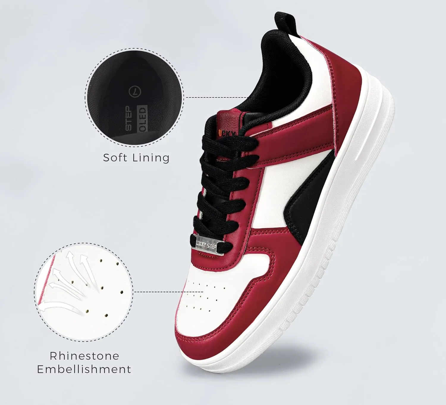 LUCKY STEP Women Fashion Sparkle Rhinestone Sneakers White Leather Low Top Tennis Shoes Lace Up Casual Comfortable Walking Shoe