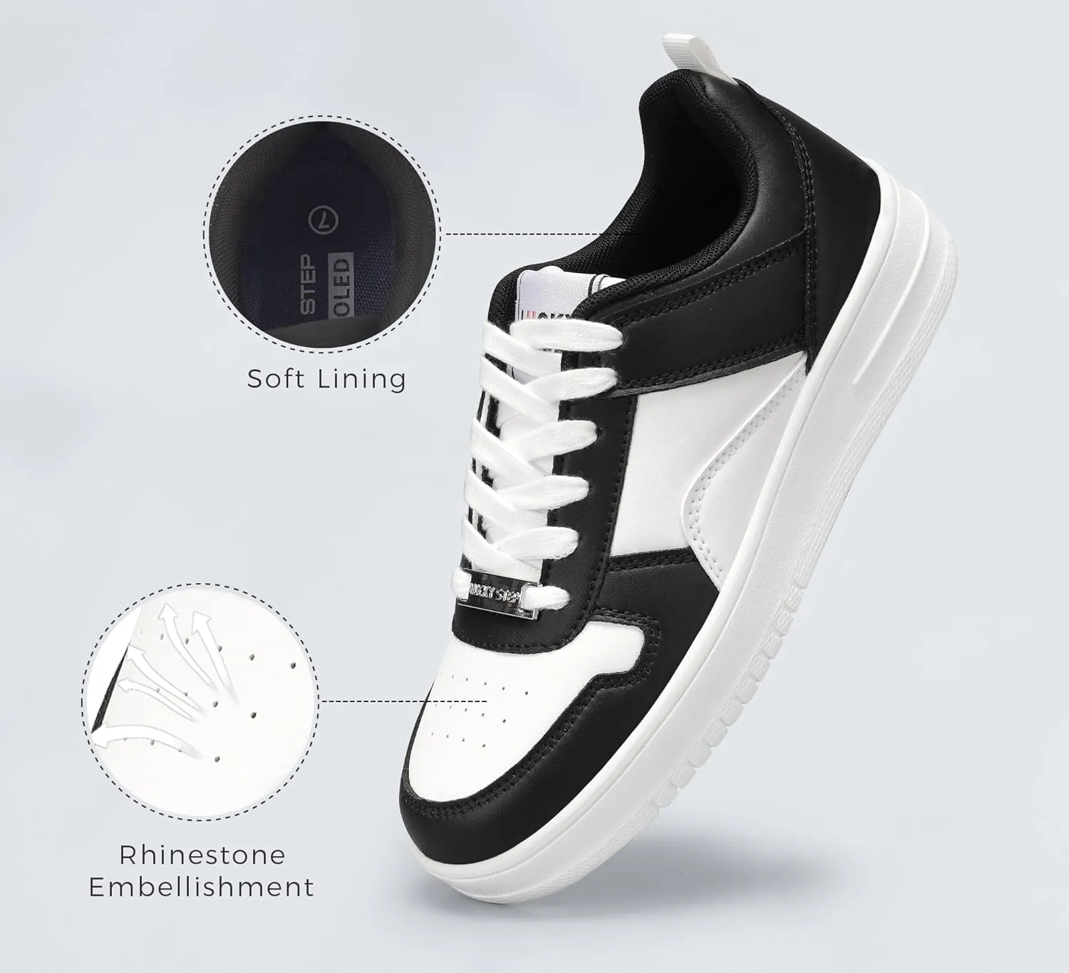 LUCKY STEP Women Fashion Sparkle Rhinestone Sneakers White Leather Low Top Tennis Shoes Lace Up Casual Comfortable Walking Shoe