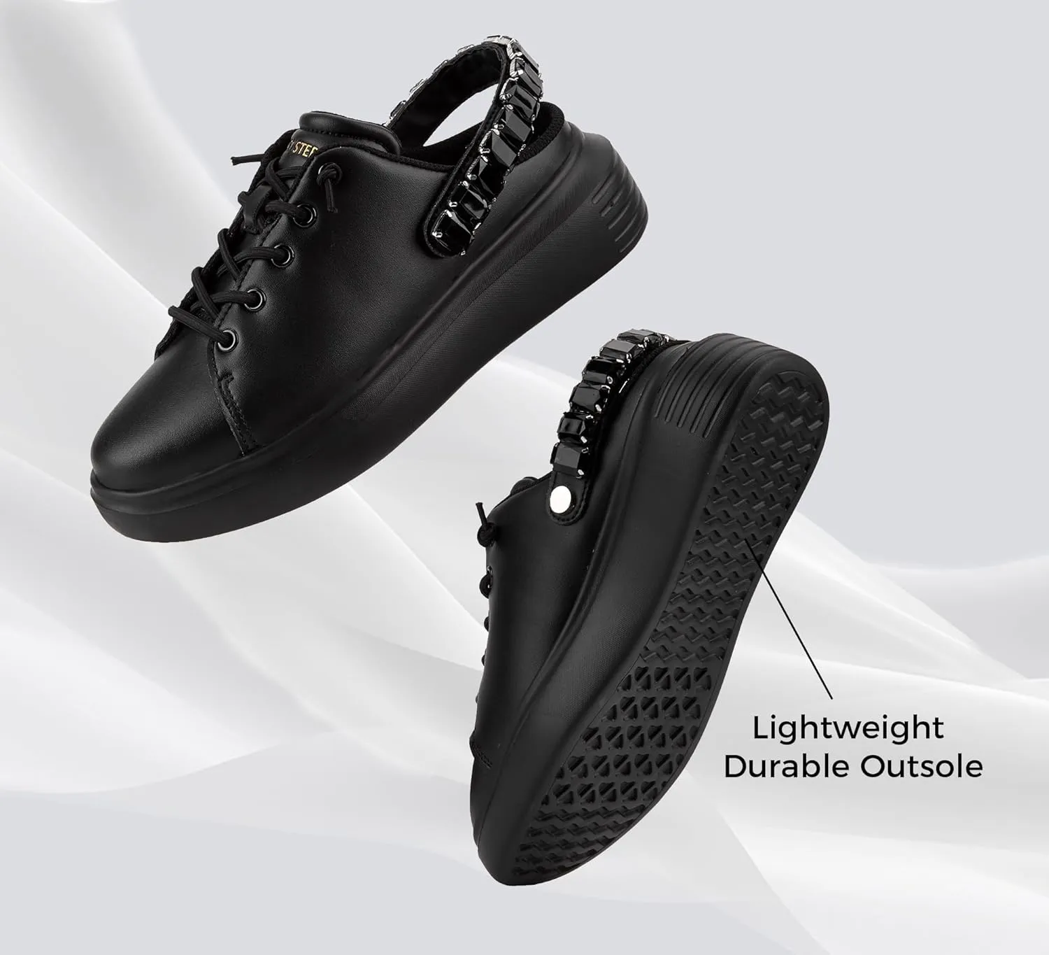 LUCKY STEP Women's Rhinestone Mule Shoes Adjustable Casual Slip On Sneakers Closed Toe Breathable Clogs