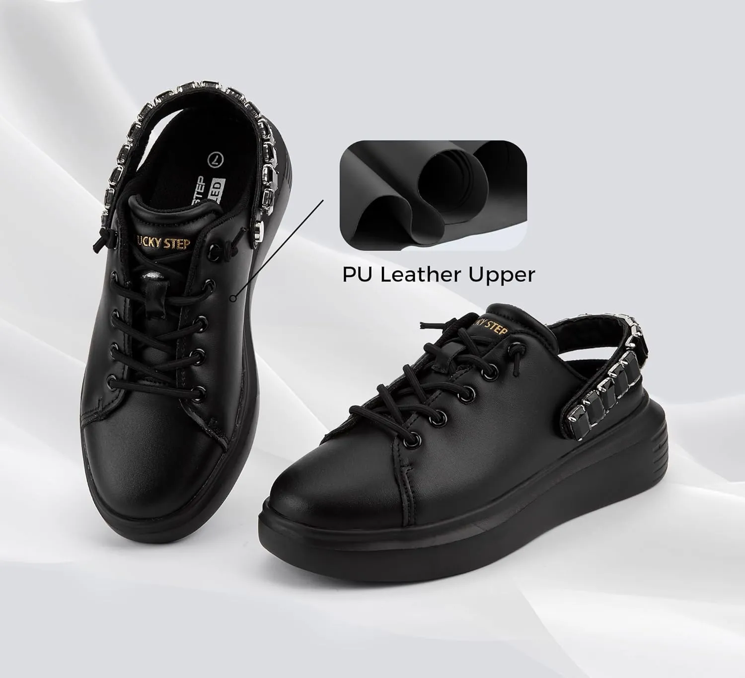 LUCKY STEP Women's Rhinestone Mule Shoes Adjustable Casual Slip On Sneakers Closed Toe Breathable Clogs