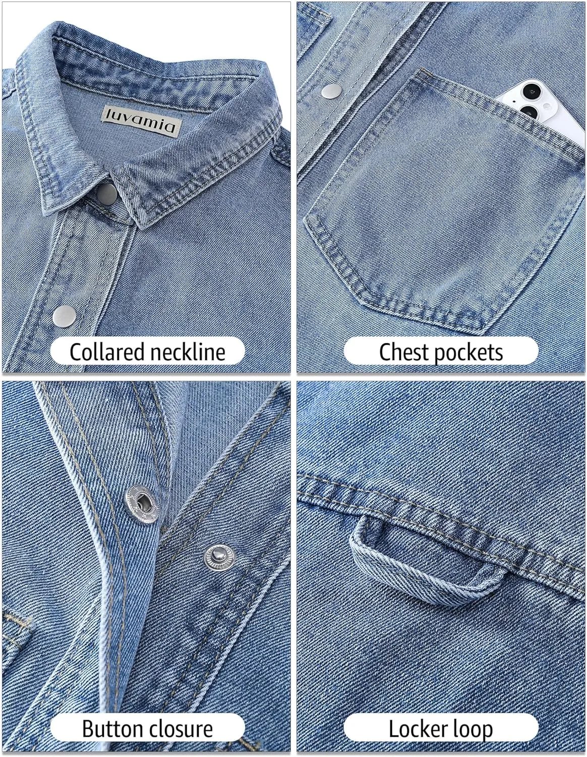 luvamia Denim Jackets for Women Trendy Long Sleeve Jean Jacket Casual Button Down Western Flat Pocket Shacket