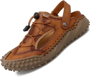 MAIZUN Men's Closed Toe Leather Sandals Adjustable Slip-on Fisherman Hiking Shoes Casual Outdoors Lightweight Walking Summer Beach Mule Sandals Size 7-11