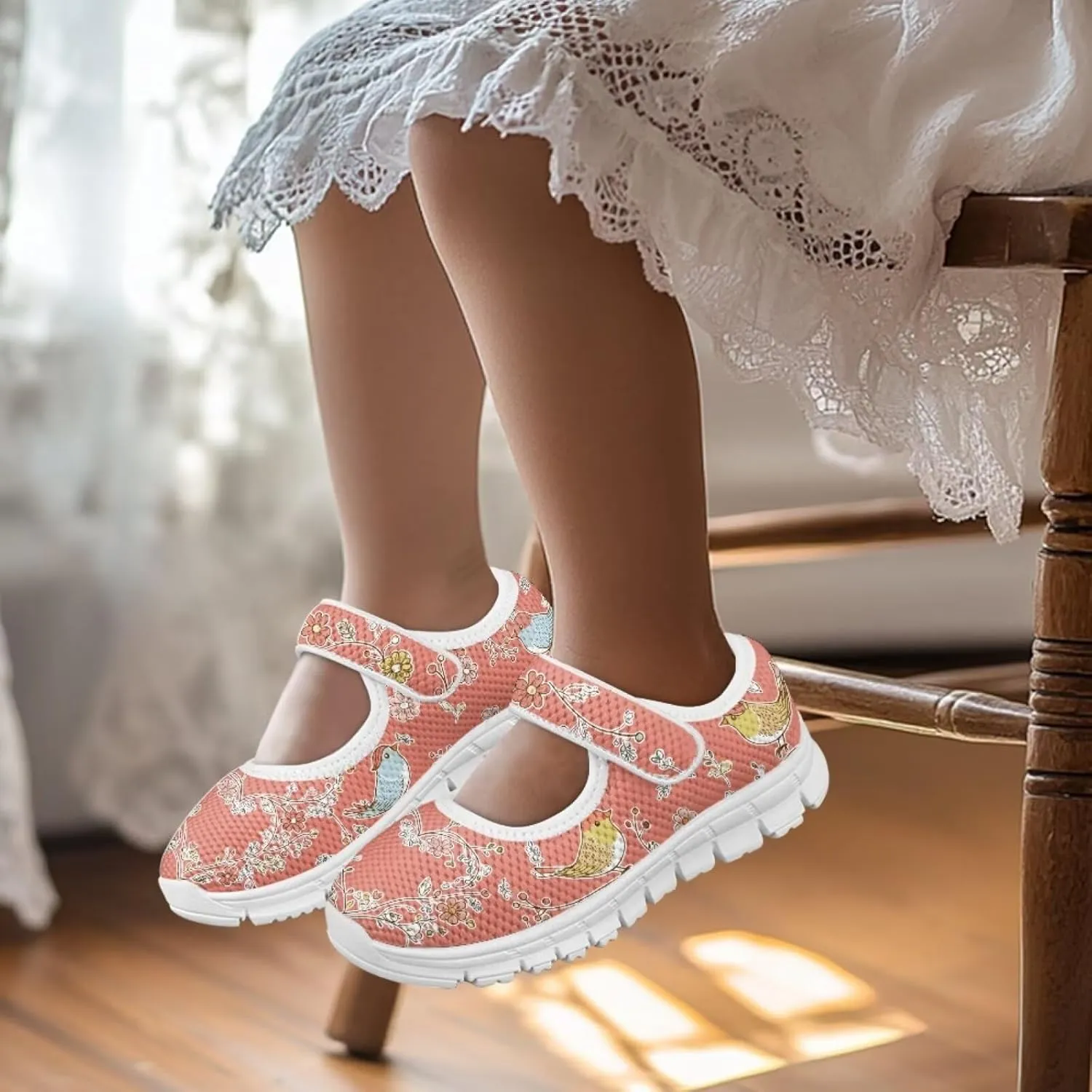 Mary Jane Shoes for Girls Cartoon Small Birds Toddler Dress Shoes Breathable School Shoes Mesh Sneaker for Kids,Size 11-2.5