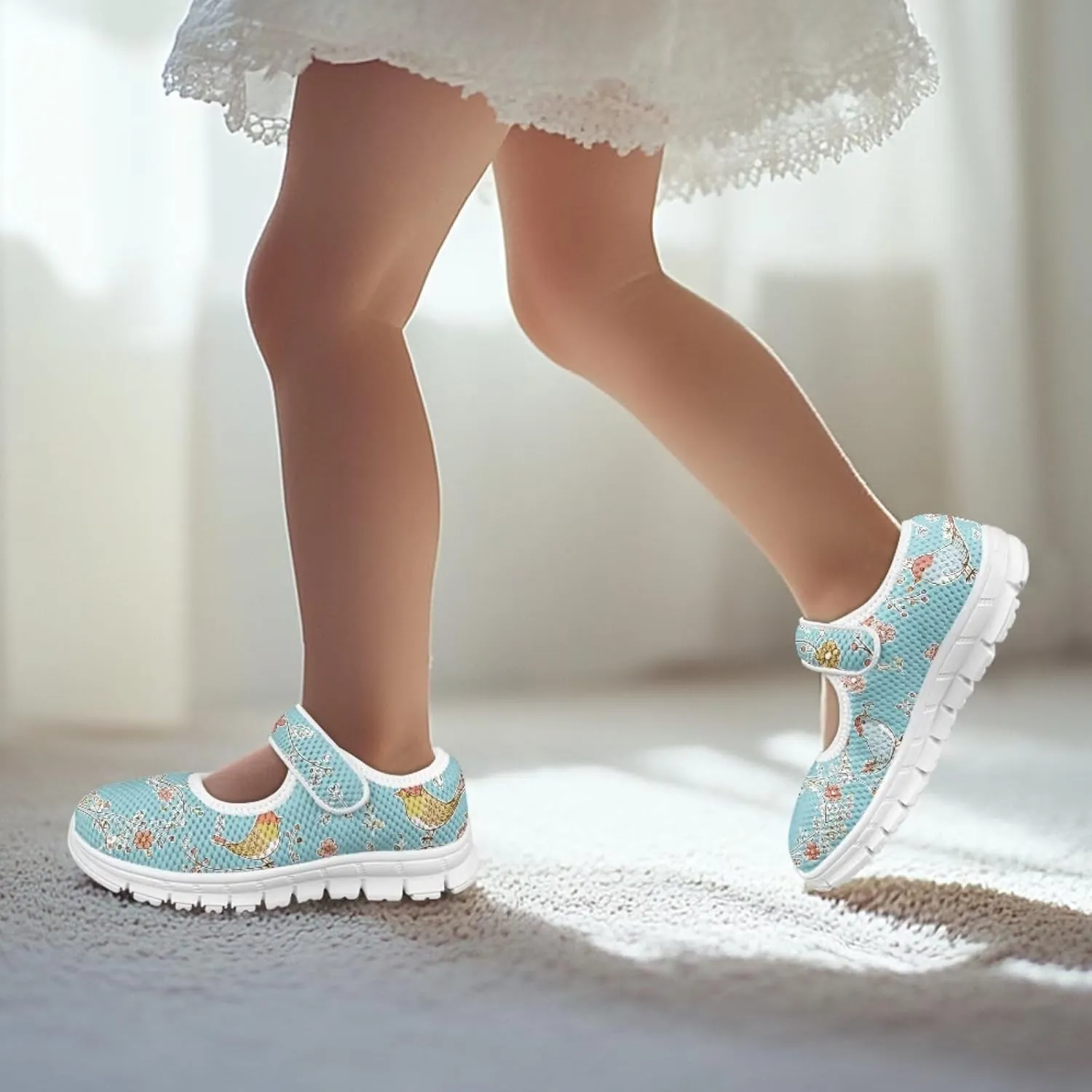 Mary Jane Shoes for Girls Cartoon Small Birds Toddler Dress Shoes Breathable School Shoes Mesh Sneaker for Kids,Size 11-2.5