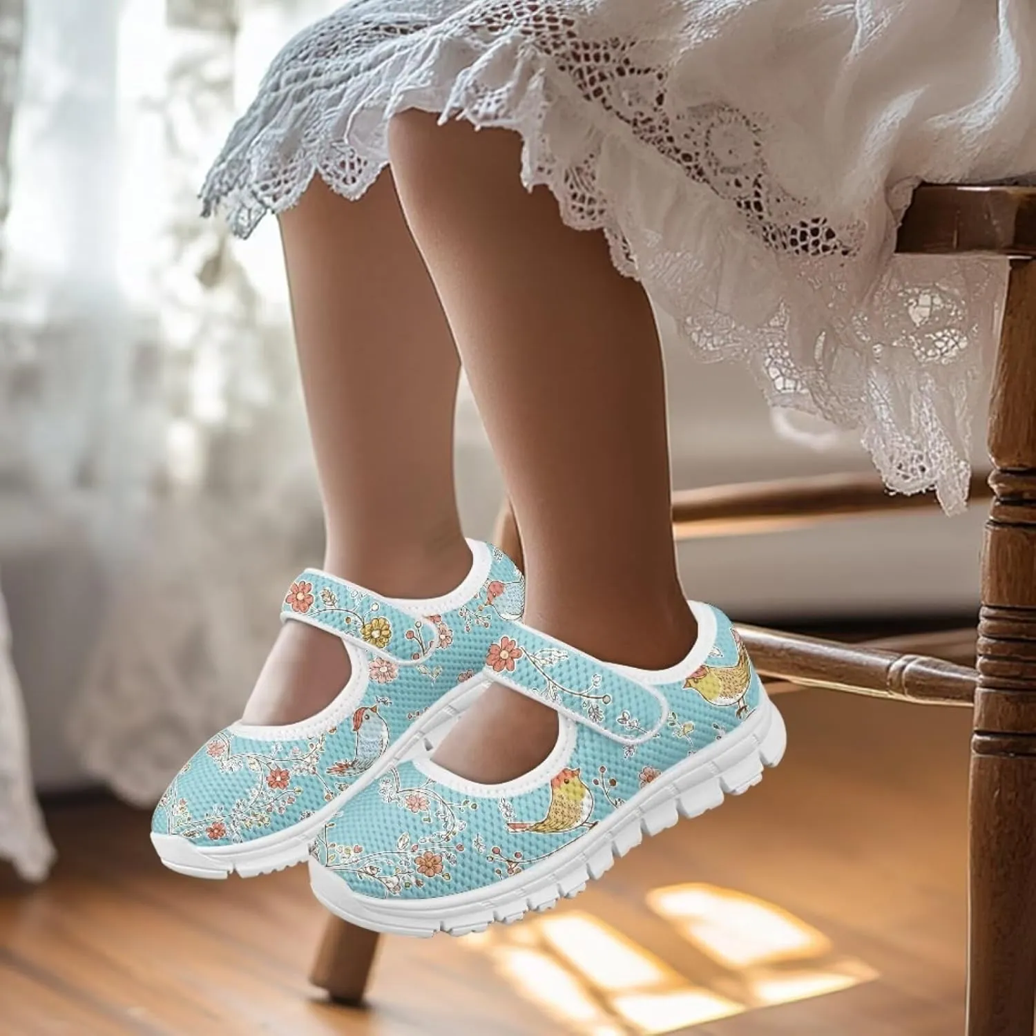 Mary Jane Shoes for Girls Cartoon Small Birds Toddler Dress Shoes Breathable School Shoes Mesh Sneaker for Kids,Size 11-2.5