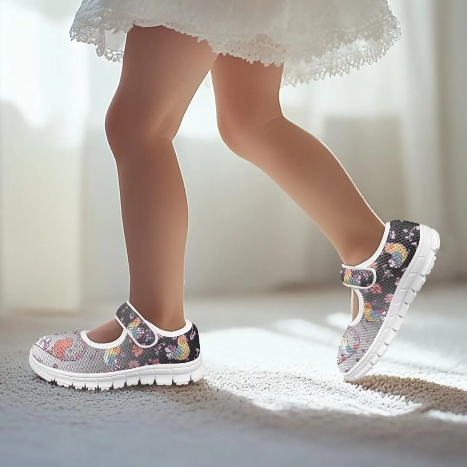 Mary Jane Shoes for Girls Cartoon Small Birds Toddler Dress Shoes Breathable School Shoes Mesh Sneaker for Kids,Size 11-2.5