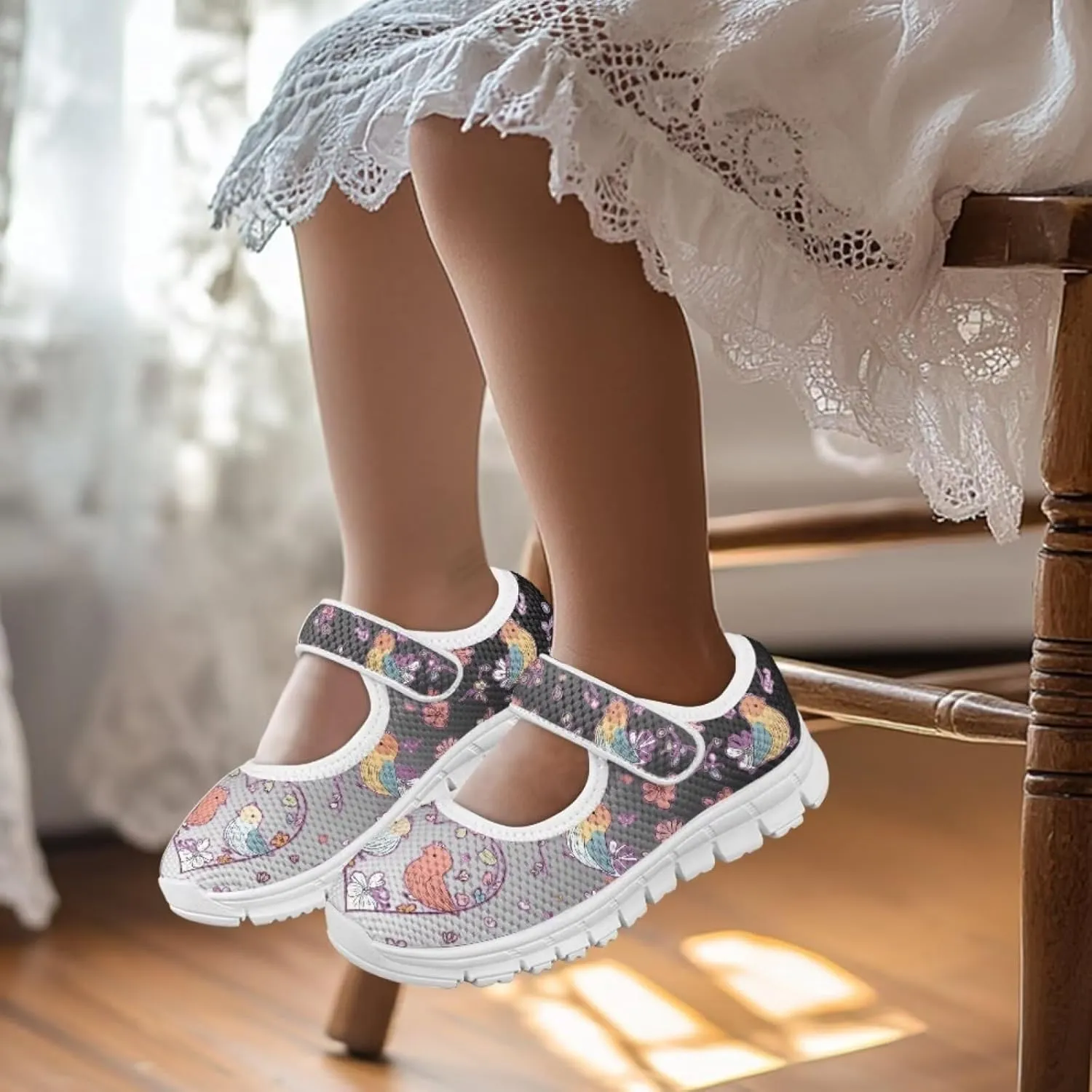Mary Jane Shoes for Girls Cartoon Small Birds Toddler Dress Shoes Breathable School Shoes Mesh Sneaker for Kids,Size 11-2.5