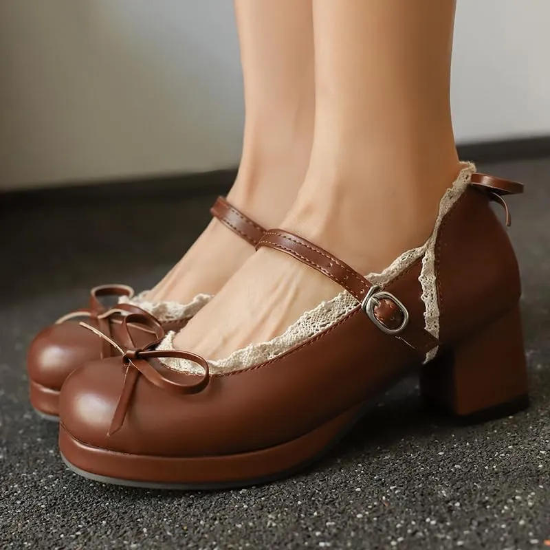 Mary Jane Women Chunky Block Heel Pumps with Elegant Bow Laced Lolita Leather Shoes