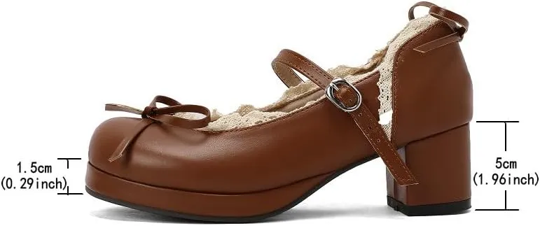 Mary Jane Women Chunky Block Heel Pumps with Elegant Bow Laced Lolita Leather Shoes