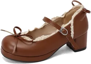 Mary Jane Women Chunky Block Heel Pumps with Elegant Bow Laced Lolita Leather Shoes