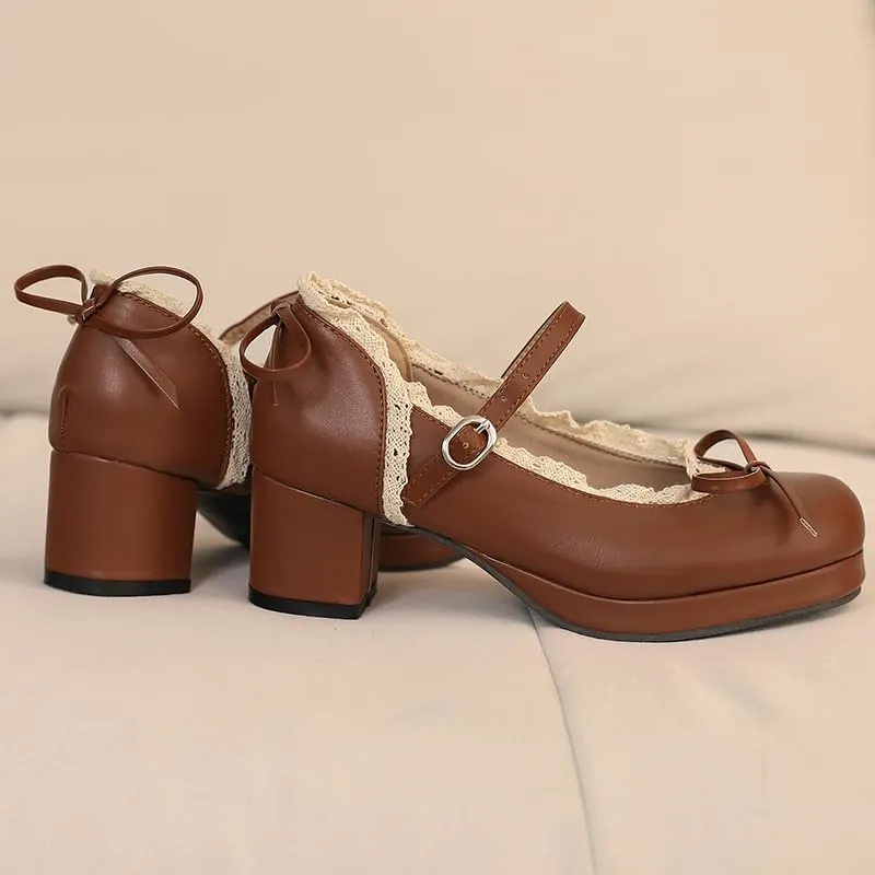 Mary Jane Women Chunky Block Heel Pumps with Elegant Bow Laced Lolita Leather Shoes