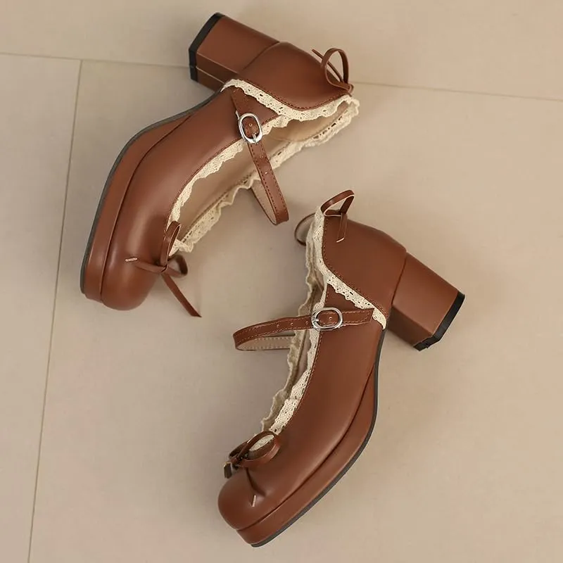 Mary Jane Women Chunky Block Heel Pumps with Elegant Bow Laced Lolita Leather Shoes