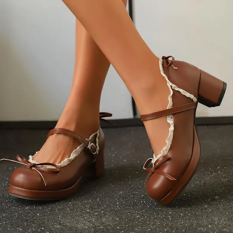 Mary Jane Women Chunky Block Heel Pumps with Elegant Bow Laced Lolita Leather Shoes
