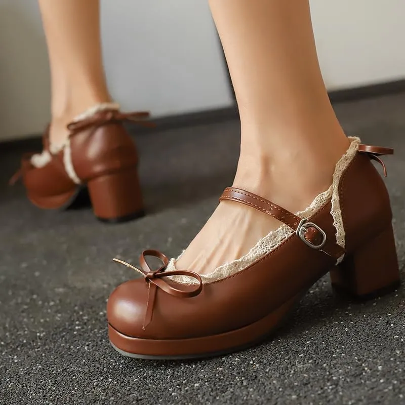 Mary Jane Women Chunky Block Heel Pumps with Elegant Bow Laced Lolita Leather Shoes
