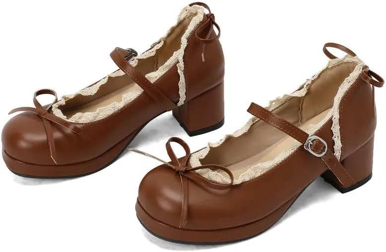 Mary Jane Women Chunky Block Heel Pumps with Elegant Bow Laced Lolita Leather Shoes