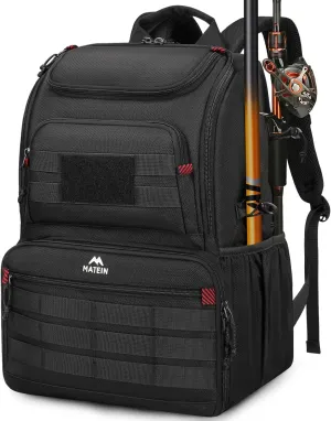 MATEIN Fishing Backpack Tackle Box, Water Resistant Tackle Backpack Fishing Bags with Cooler & Rod Holders, Large Fish Organizer Box Storage Gear Accessories, Fish Gifts for Men, Black