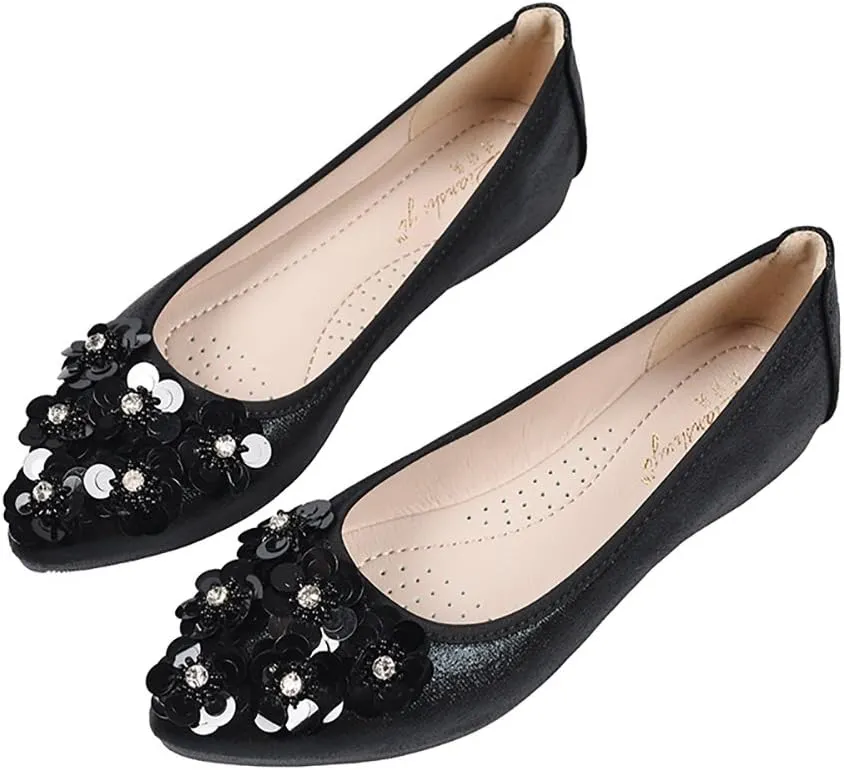 Meeshine Womens Foldable Soft Pointed Toe Ballet Flats Rhinestone Comfort Slip on Flat Shoes