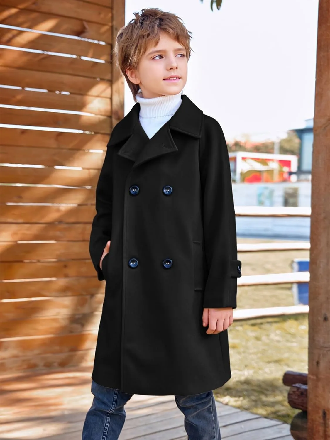 Meikulo Boys Double Breasted Pea Coat Kids Winter Notched Collar Overcoat 5-14 Years
