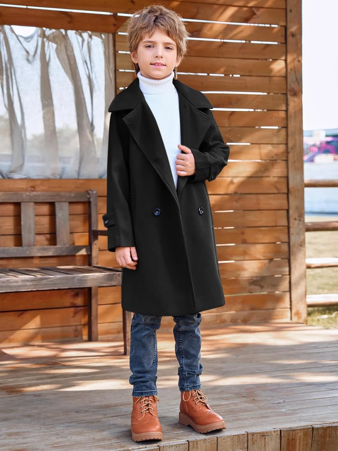 Meikulo Boys Double Breasted Pea Coat Kids Winter Notched Collar Overcoat 5-14 Years