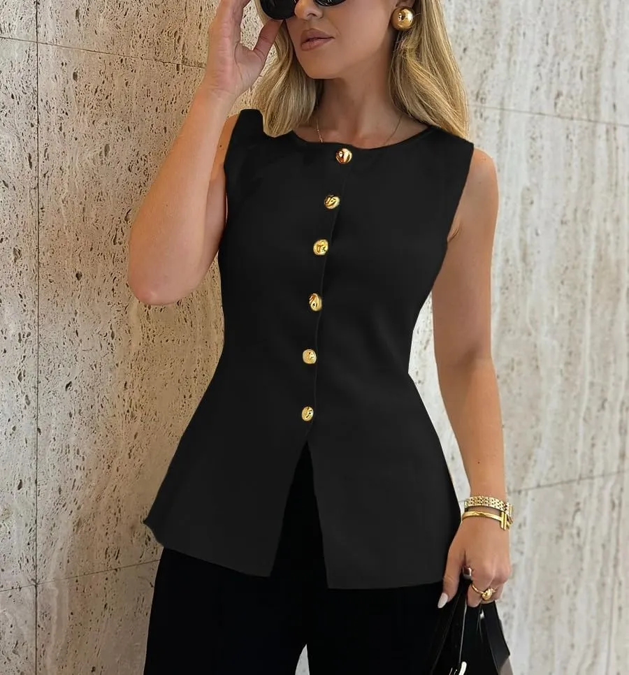 Melliflo Womens Button Down Vest Tops Casual Sleeveless Trendy Knit Vest Summer Work Business Casual Outfits