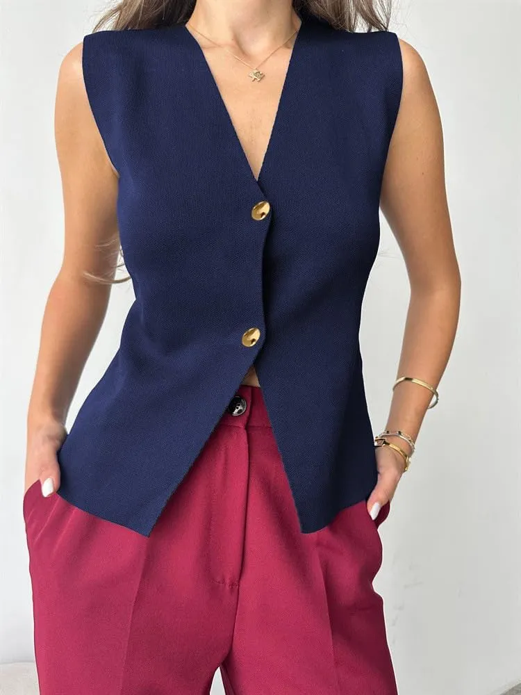 Melliflo Womens Button Down Vest Tops Casual Sleeveless Trendy Knit Vest Summer Work Business Casual Outfits