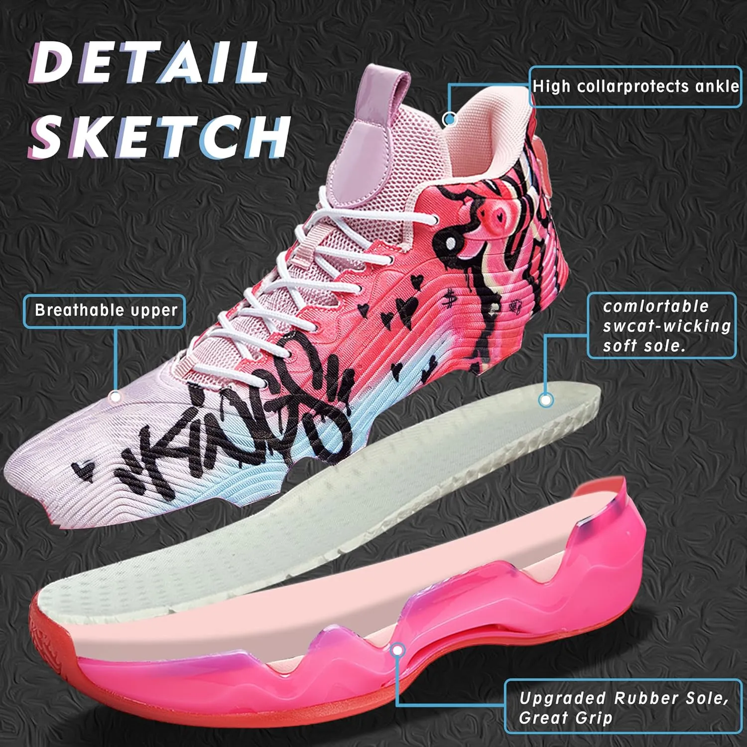 Men Graffiti Basketball Shoes High-Top Sports Shoes Anti-Slip Rubber Soles Indoor Outdoor Sports Running Training Streetwear