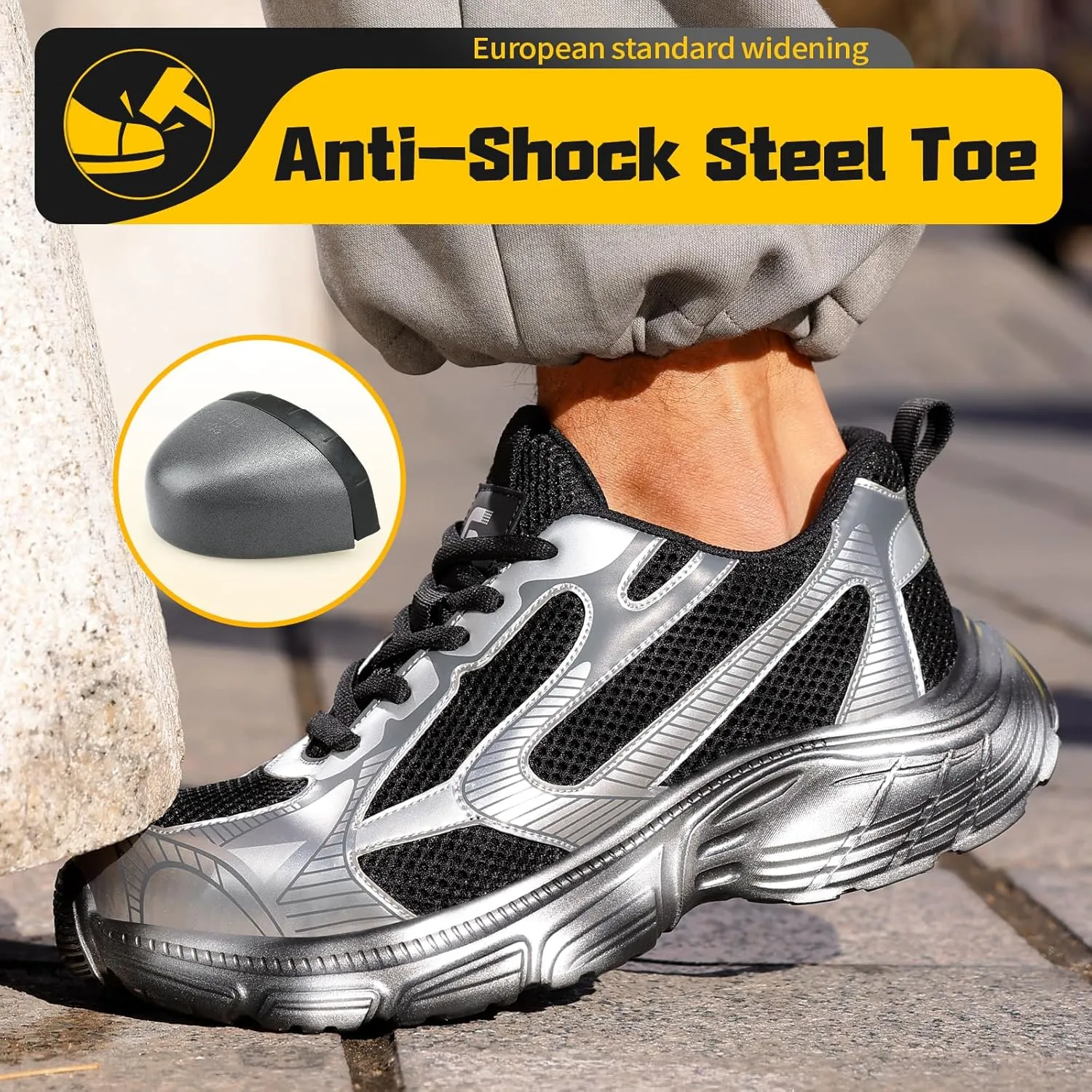 Men's Black Steel Toe Work Shoes, Industrial & Construction Shoes, Casual, Size 13