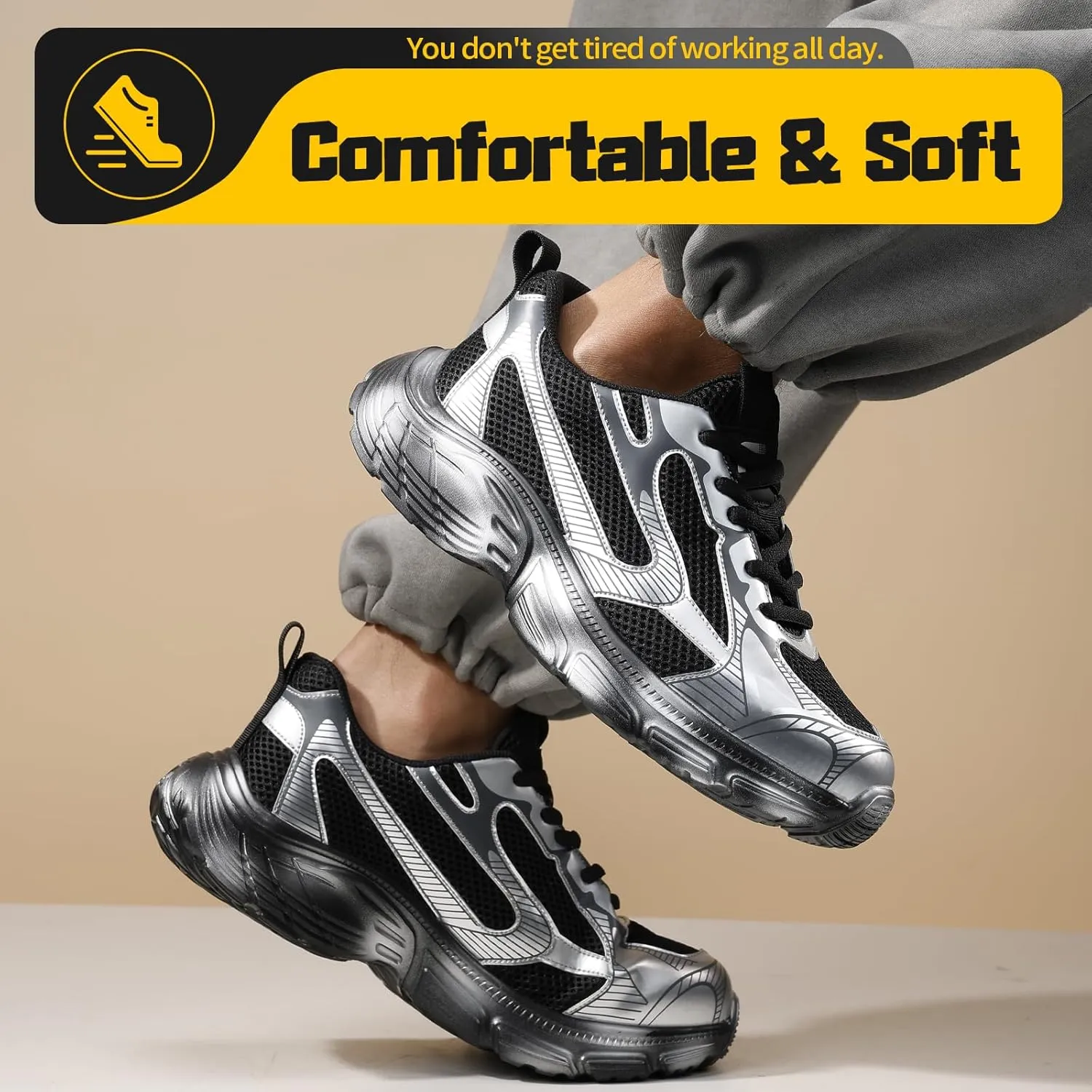 Men's Black Steel Toe Work Shoes, Industrial & Construction Shoes, Casual, Size 13