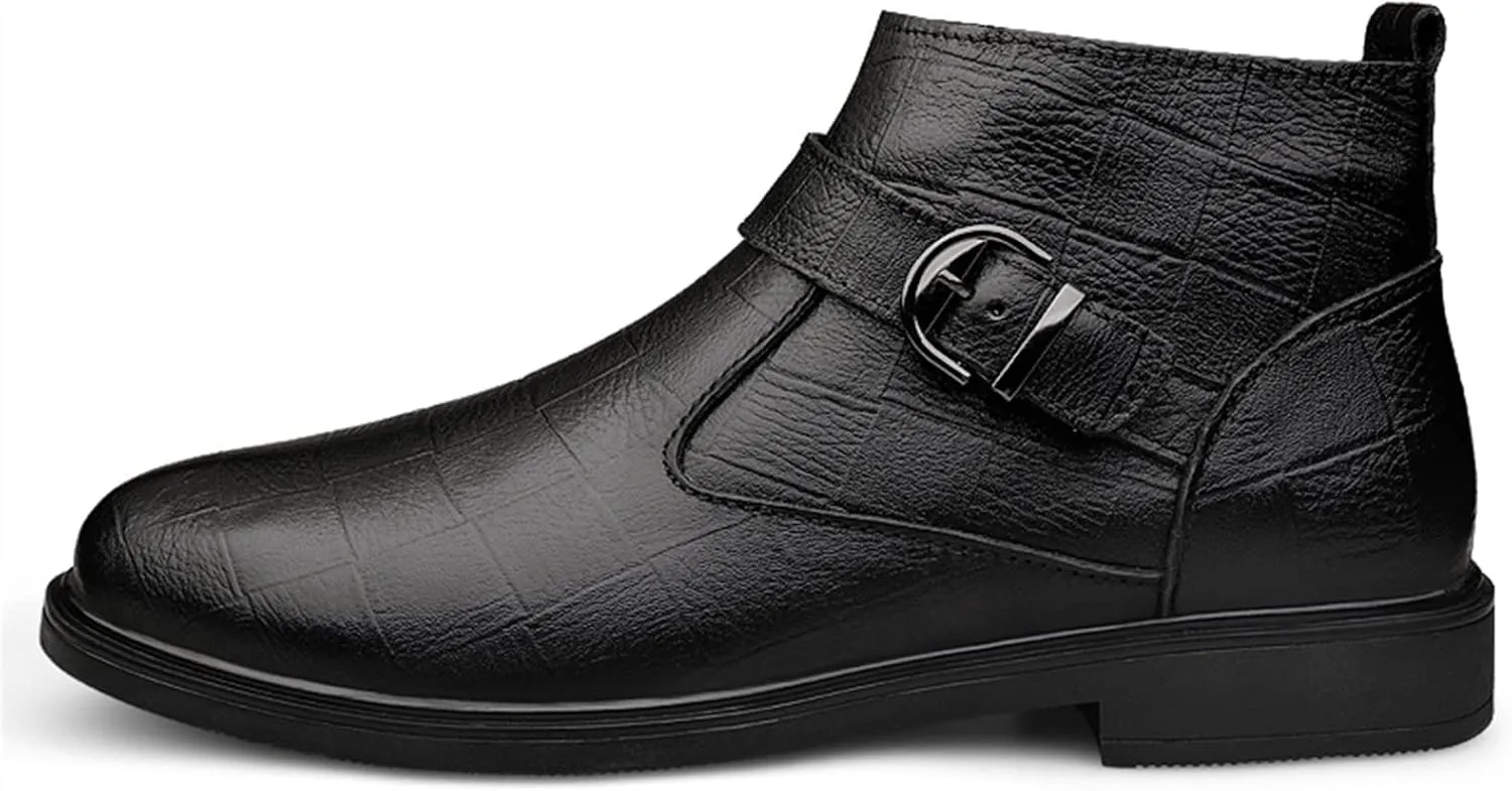 Men's Chelsea Ankle Boots Lattice With Buckle Side Zip Cowhide Leather Anti-slip Waterproof Non Work Dress Slip On