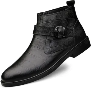 Men's Chelsea Ankle Boots Lattice With Buckle Side Zip Cowhide Leather Anti-slip Waterproof Non Work Dress Slip On