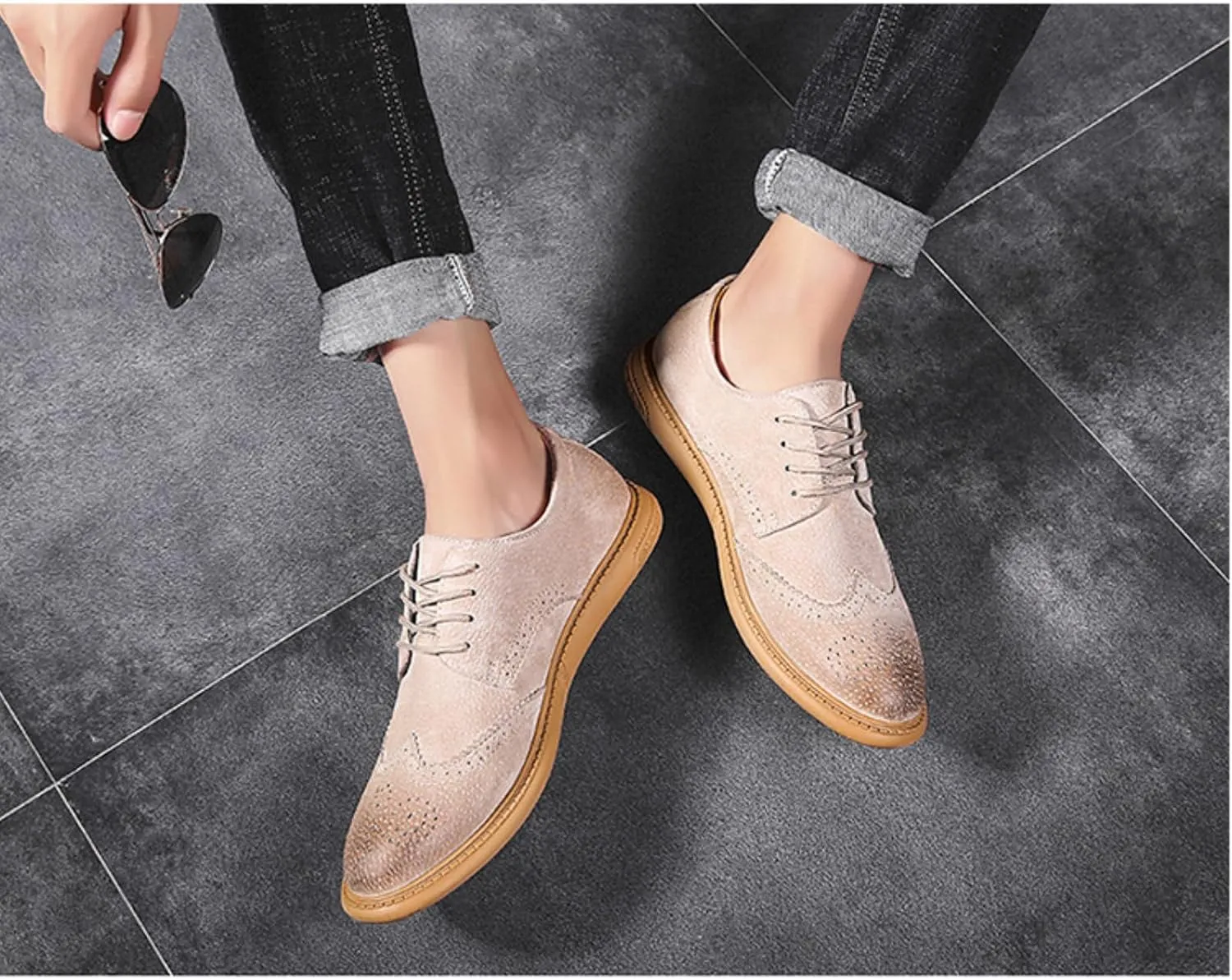 Men's Dress Oxford Shoes Classic Lace Up Retro Suede Leather Round Toe Chunky Heels Low-Top Casual British Business Breathable Brock Formal Shoe