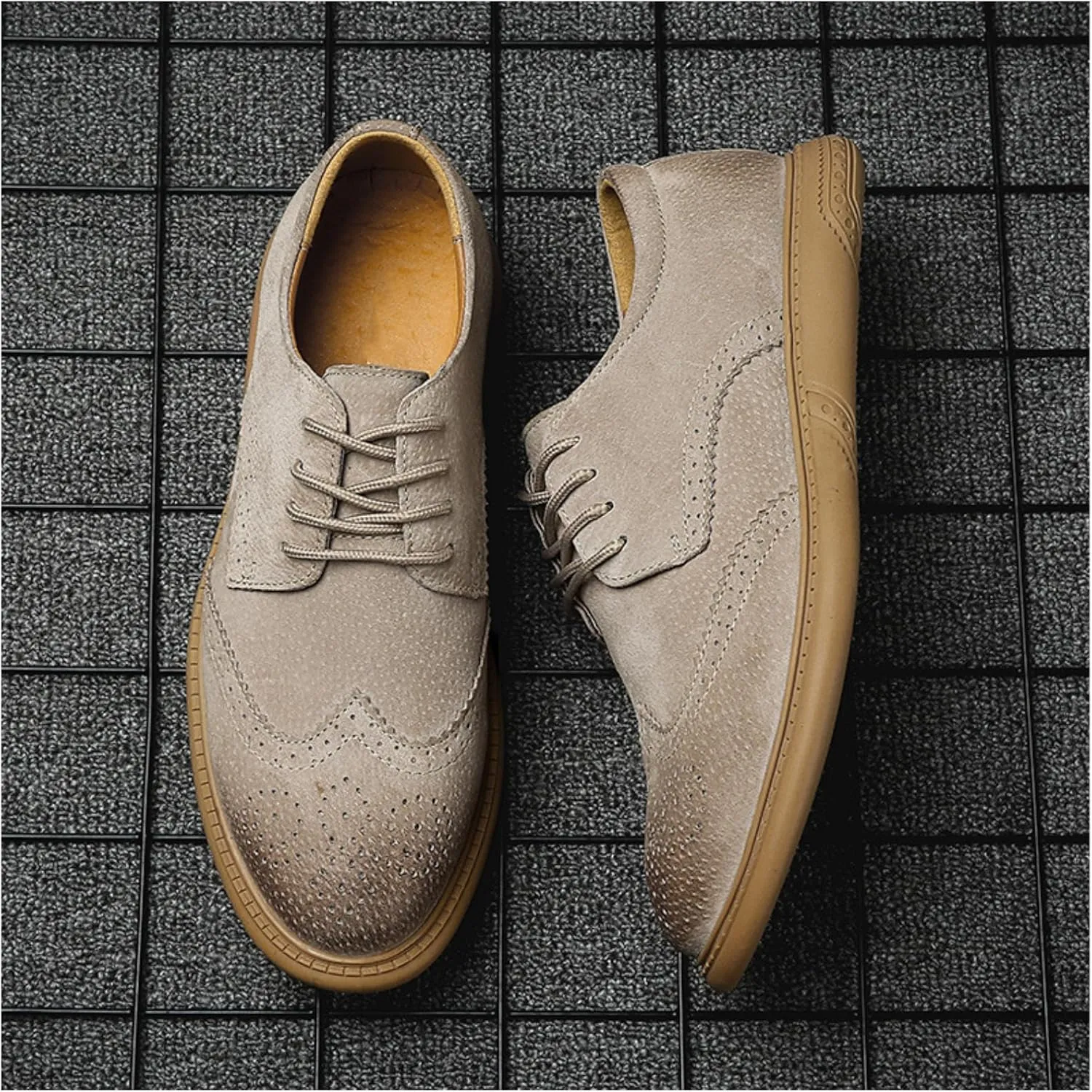 Men's Dress Oxford Shoes Classic Lace Up Retro Suede Leather Round Toe Chunky Heels Low-Top Casual British Business Breathable Brock Formal Shoe
