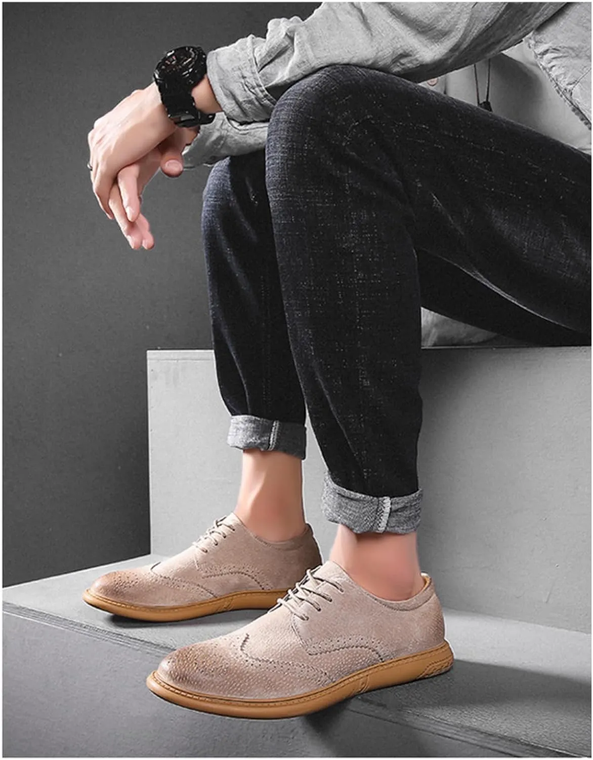 Men's Dress Oxford Shoes Classic Lace Up Retro Suede Leather Round Toe Chunky Heels Low-Top Casual British Business Breathable Brock Formal Shoe