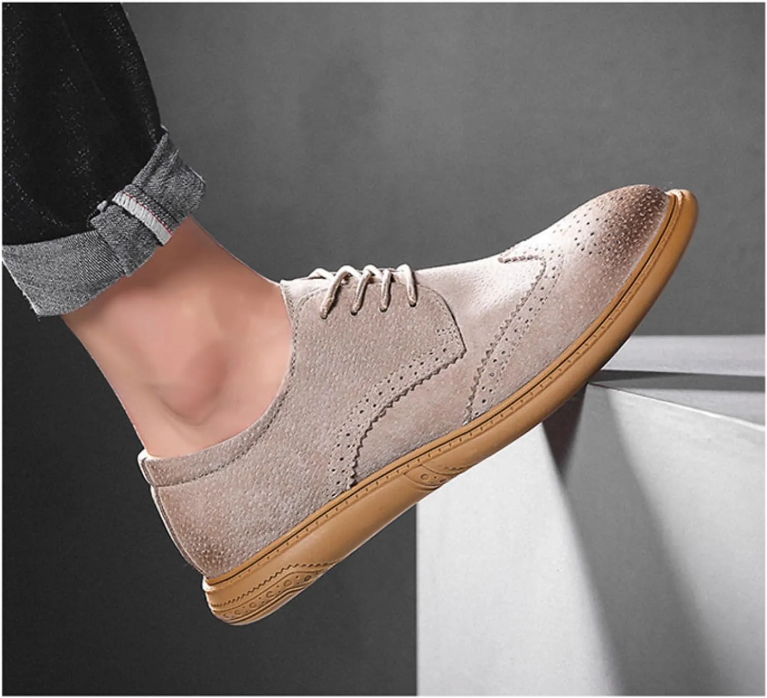 Men's Dress Oxford Shoes Classic Lace Up Retro Suede Leather Round Toe Chunky Heels Low-Top Casual British Business Breathable Brock Formal Shoe