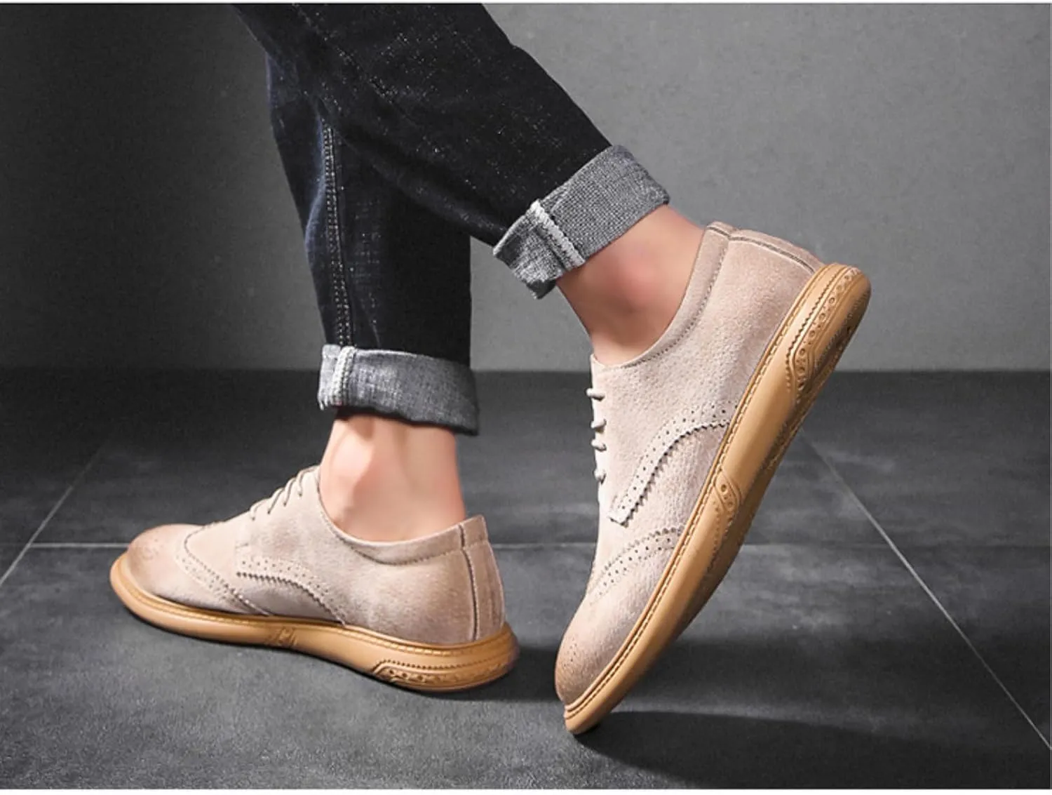 Men's Dress Oxford Shoes Classic Lace Up Retro Suede Leather Round Toe Chunky Heels Low-Top Casual British Business Breathable Brock Formal Shoe