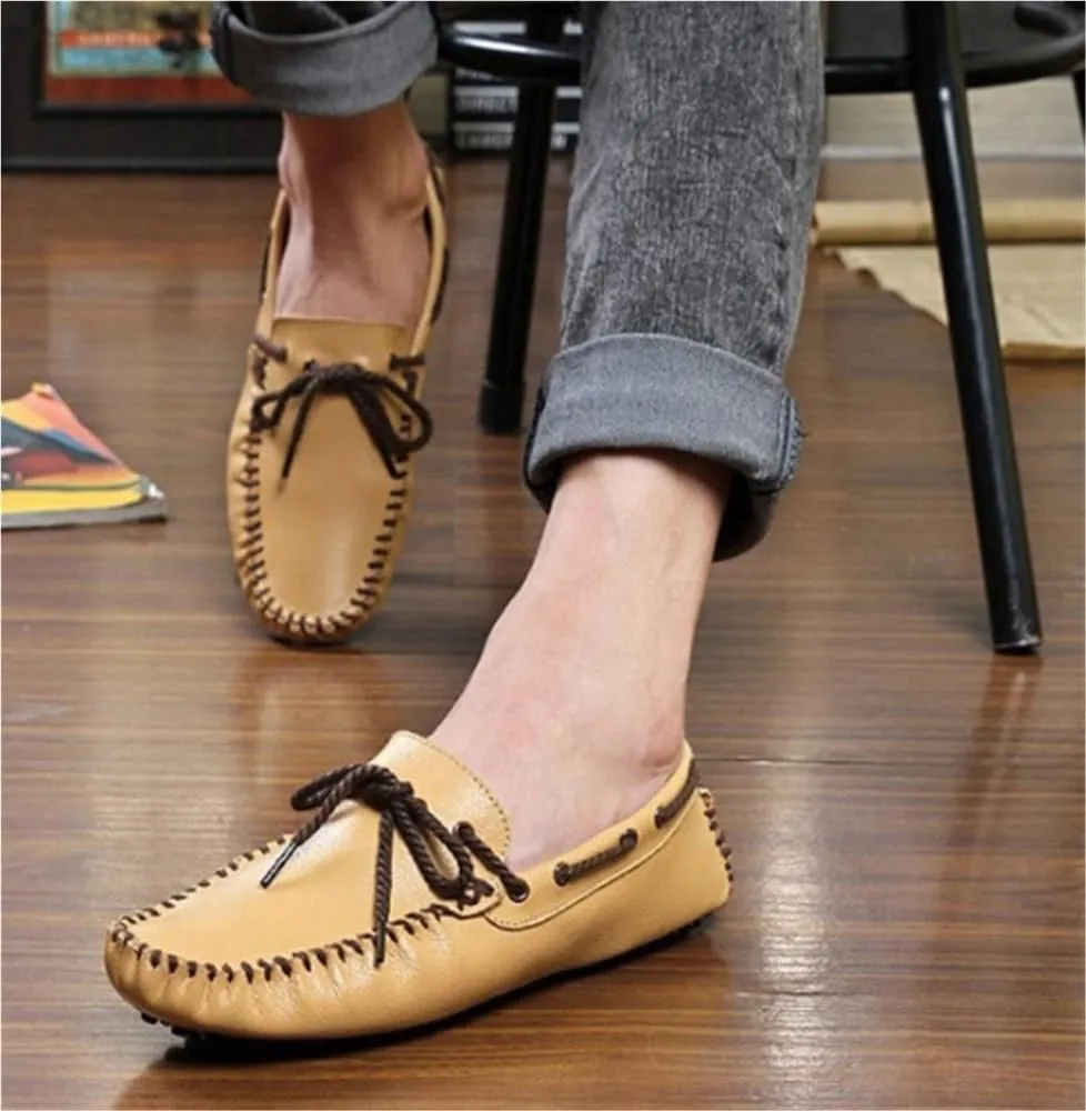 Men's Genuine Leather Deck Loafers Slip On Round Toe Flexible Flat Heel Comfortable Wedding Casual Boat Shoes