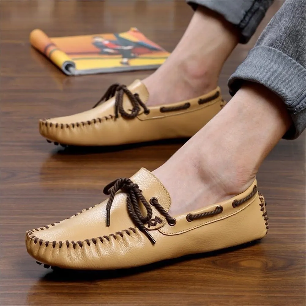 Men's Genuine Leather Deck Loafers Slip On Round Toe Flexible Flat Heel Comfortable Wedding Casual Boat Shoes