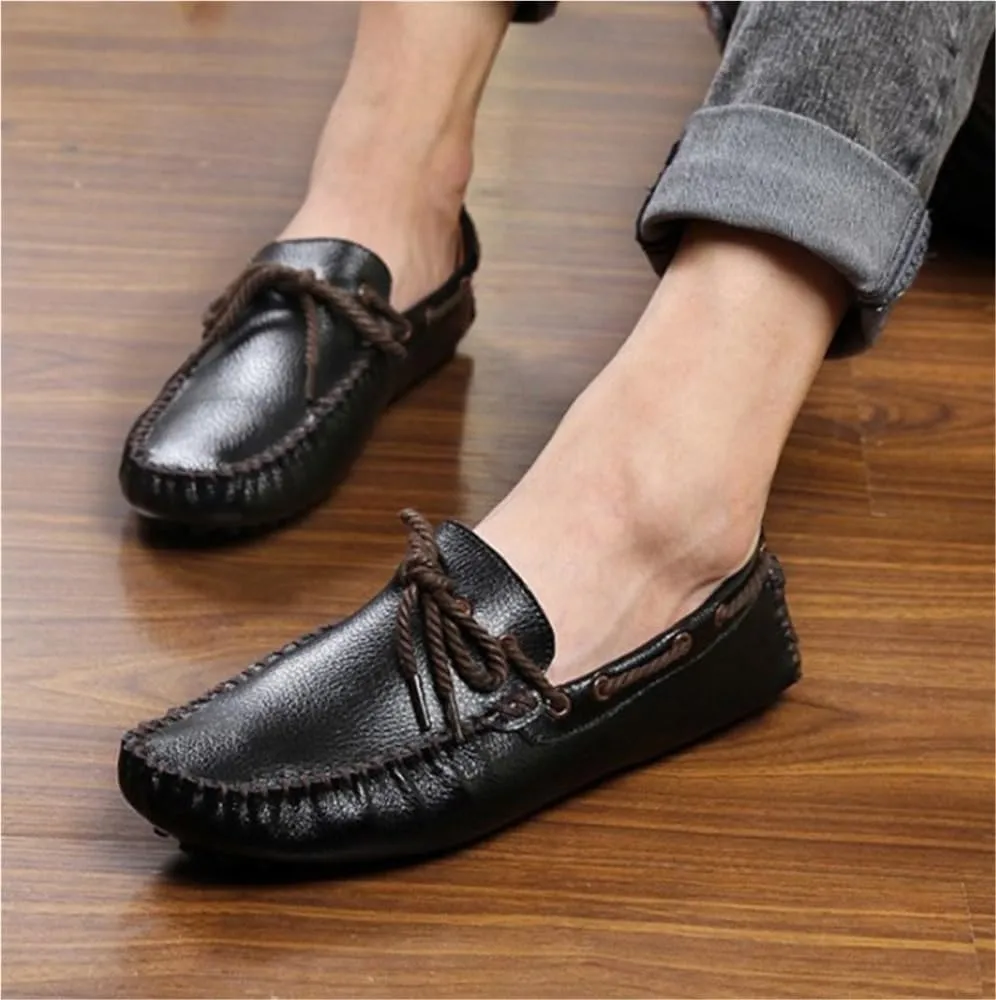 Men's Genuine Leather Deck Loafers Slip On Round Toe Flexible Flat Heel Comfortable Wedding Casual Boat Shoes