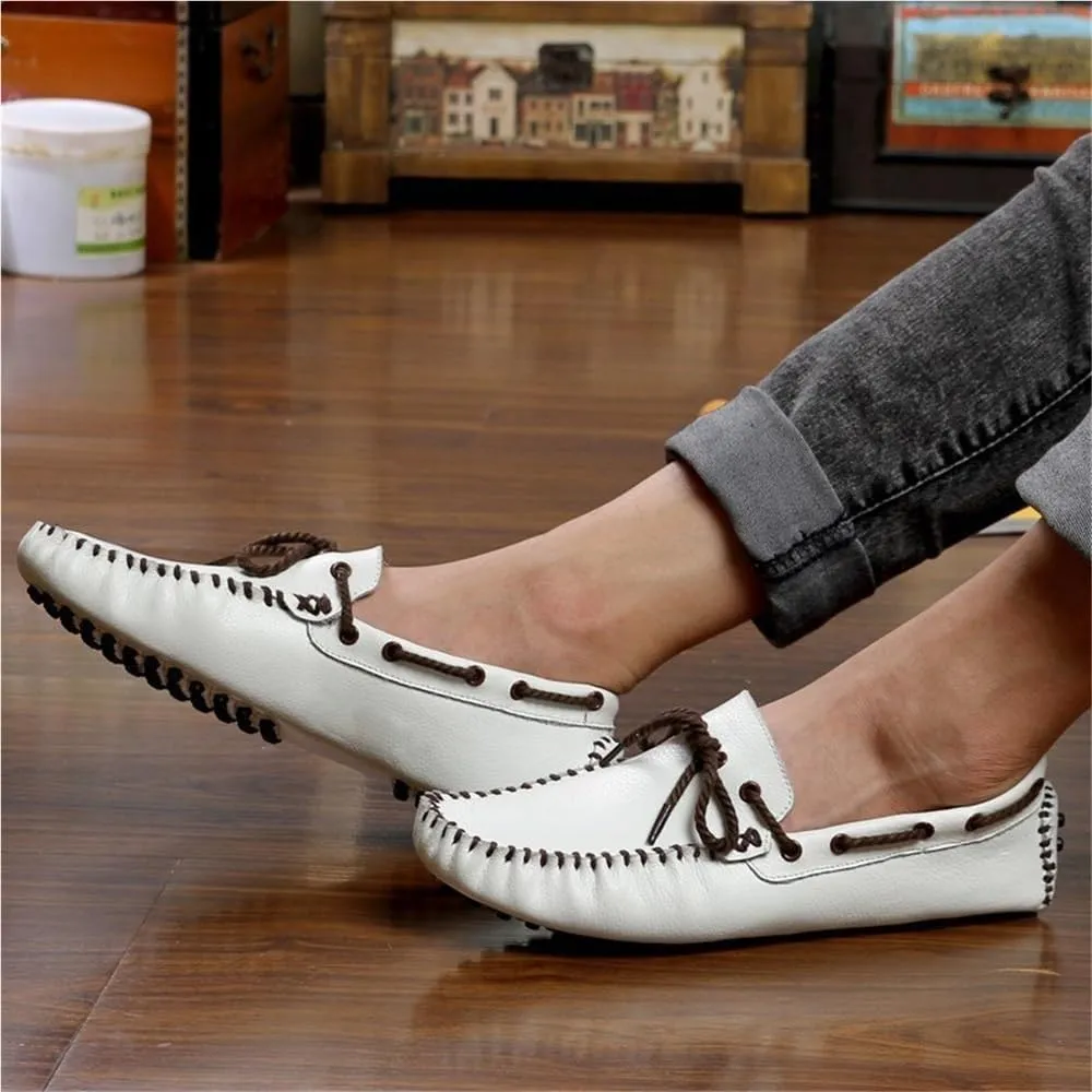 Men's Genuine Leather Deck Loafers Slip On Round Toe Flexible Flat Heel Comfortable Wedding Casual Boat Shoes