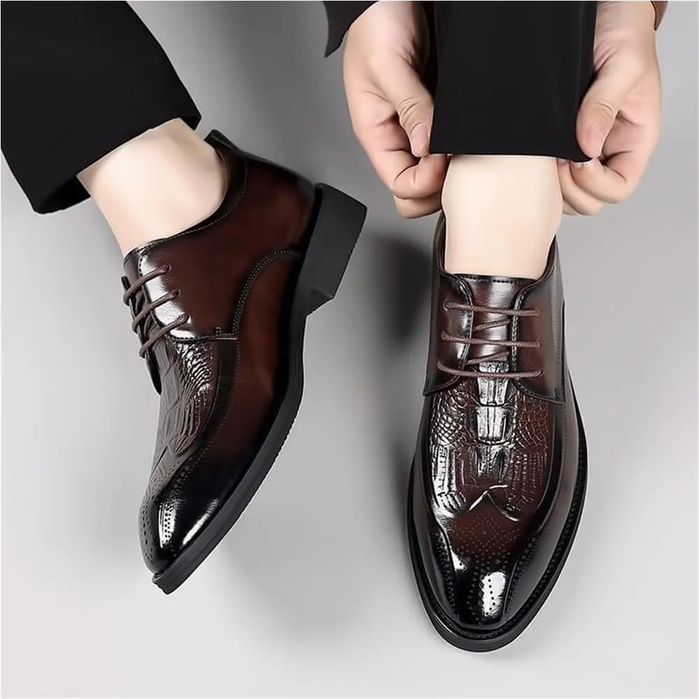 Mens Lace-up Leather Shoes Formal Non-Slip Leather Fashion Genuine Leather Platform Slip-on Oxfords(Brown,8.5)