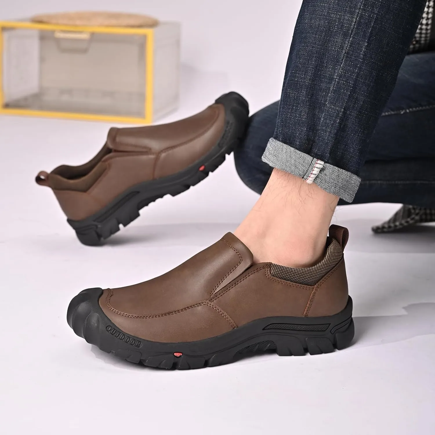 Mens Leather Slip On Hiking Outdoor Waterproof Causal Loafers Work Walking Shoes