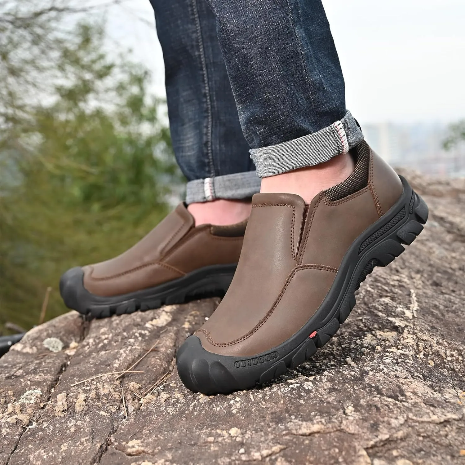 Mens Leather Slip On Hiking Outdoor Waterproof Causal Loafers Work Walking Shoes